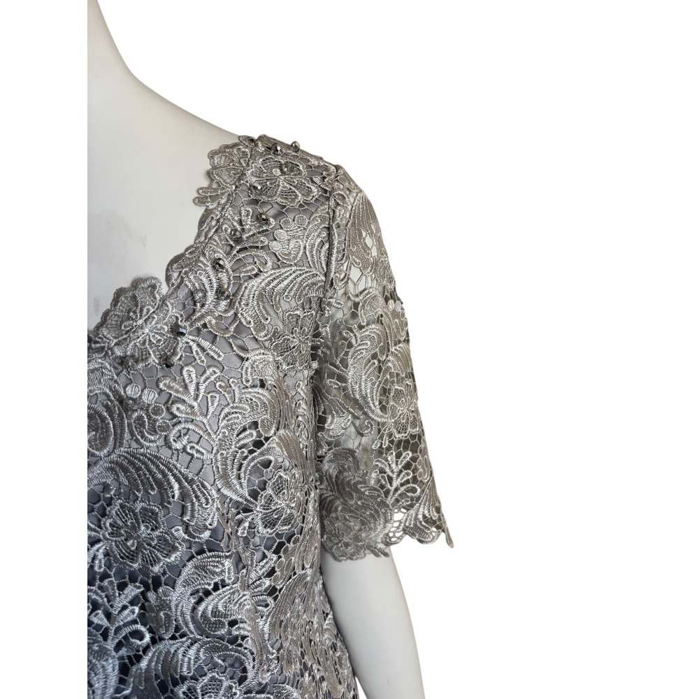 Elegant Silver Lace Sheath Dress Knee Length Short Sleeve Special Occasion S 12 - Picture 7 of 10